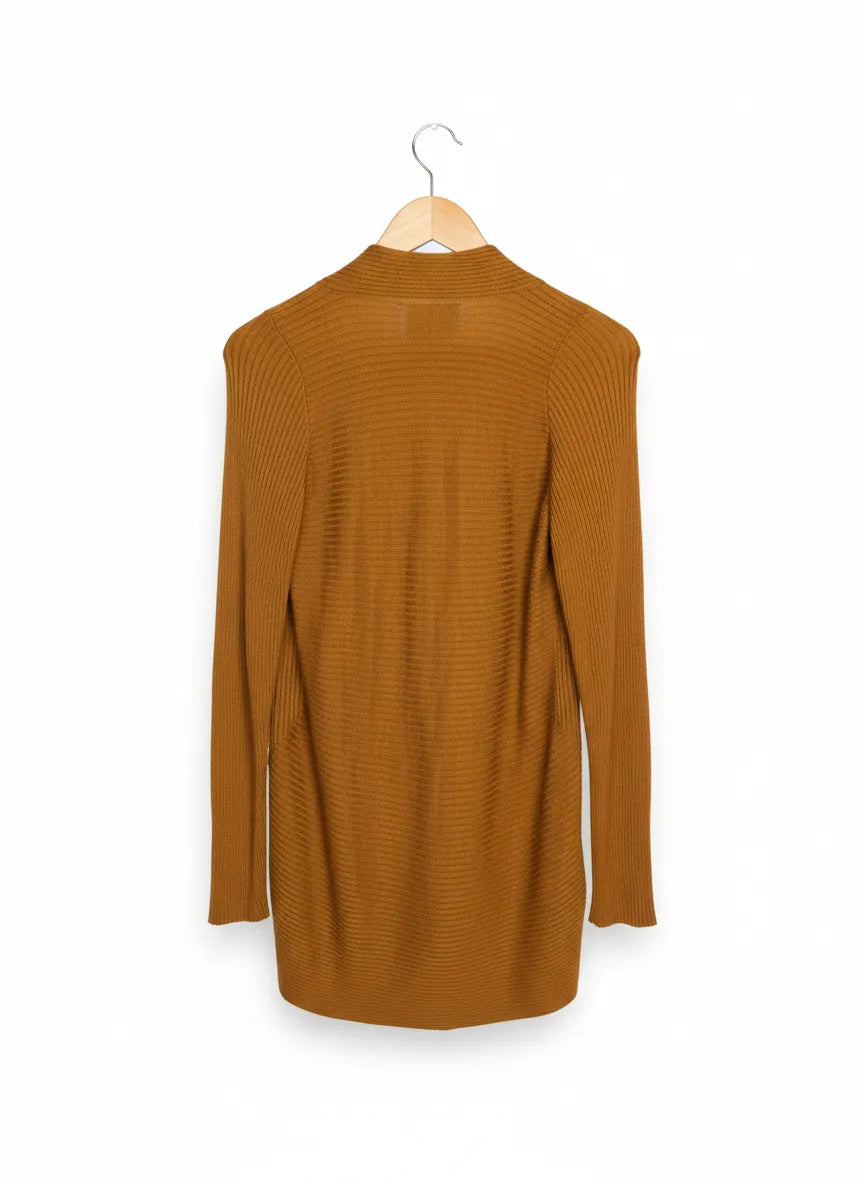 Freequent ribbad brun cardigan med öppen fram
