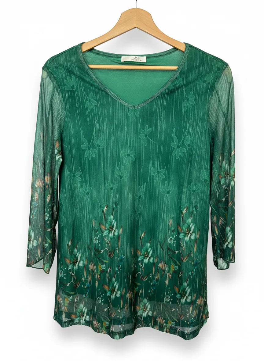 Grön blommig genomskinlig långärmad topp