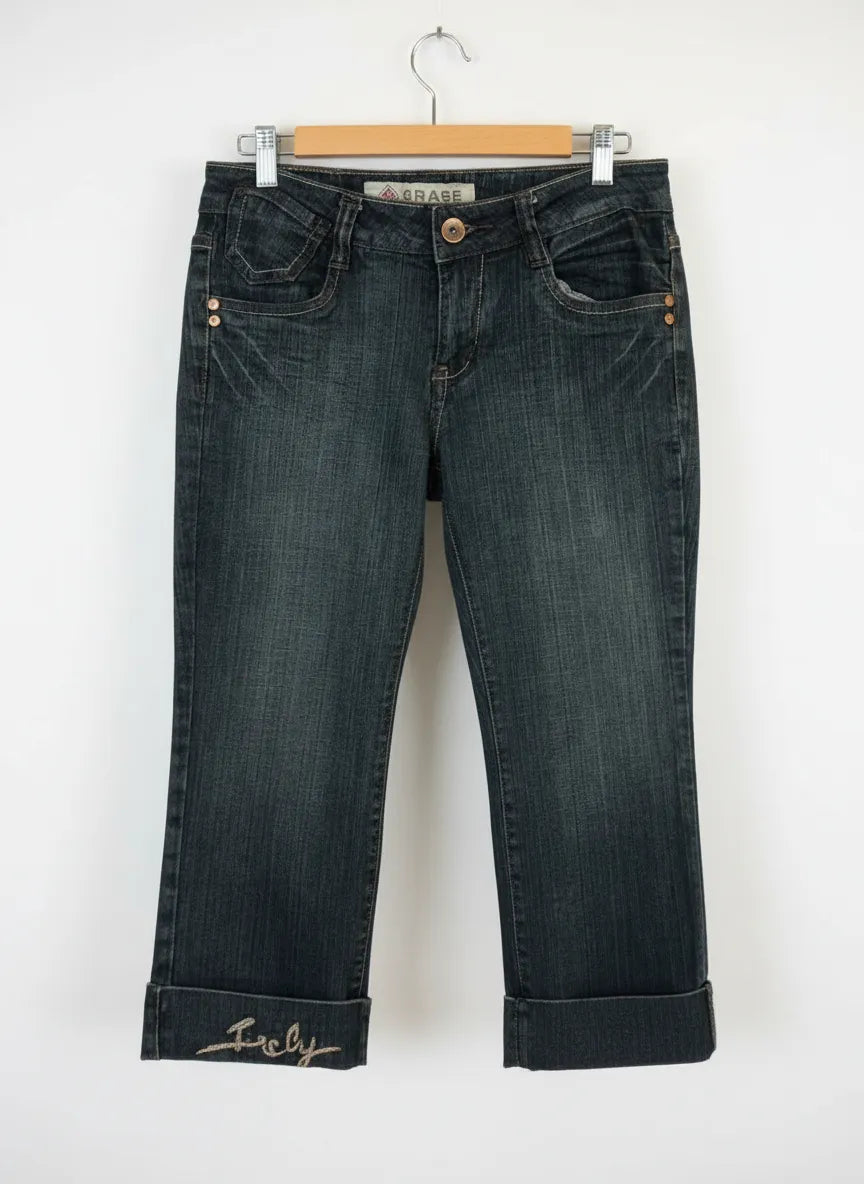 Grase mörkblå denimjeans med broderad fåll