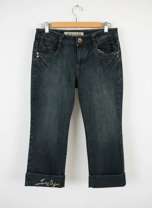 Grase mörkblå denimjeans med broderad fåll