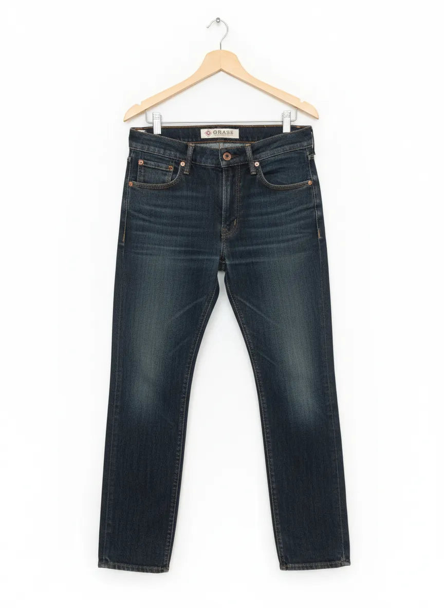 Grase mörkblå denimjeans med broderad fåll