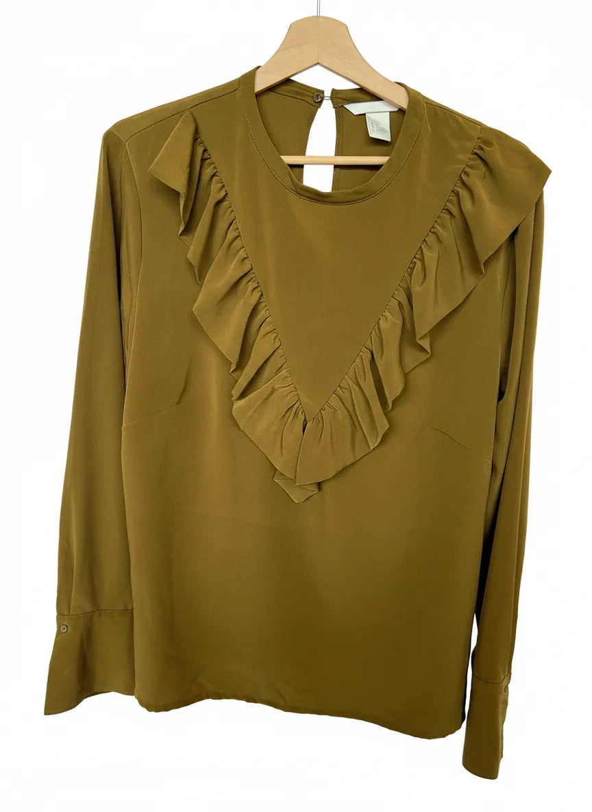 H&M brun blus med volang och långa ärmar