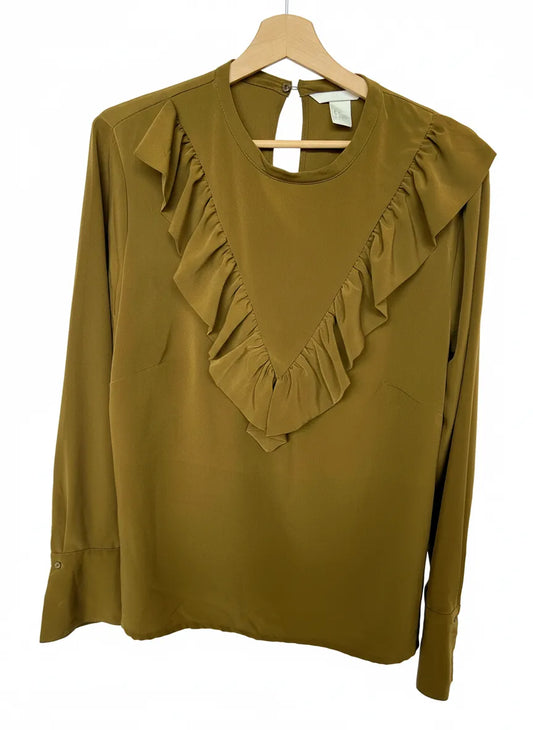 H&M brun blus med volang och långa ärmar